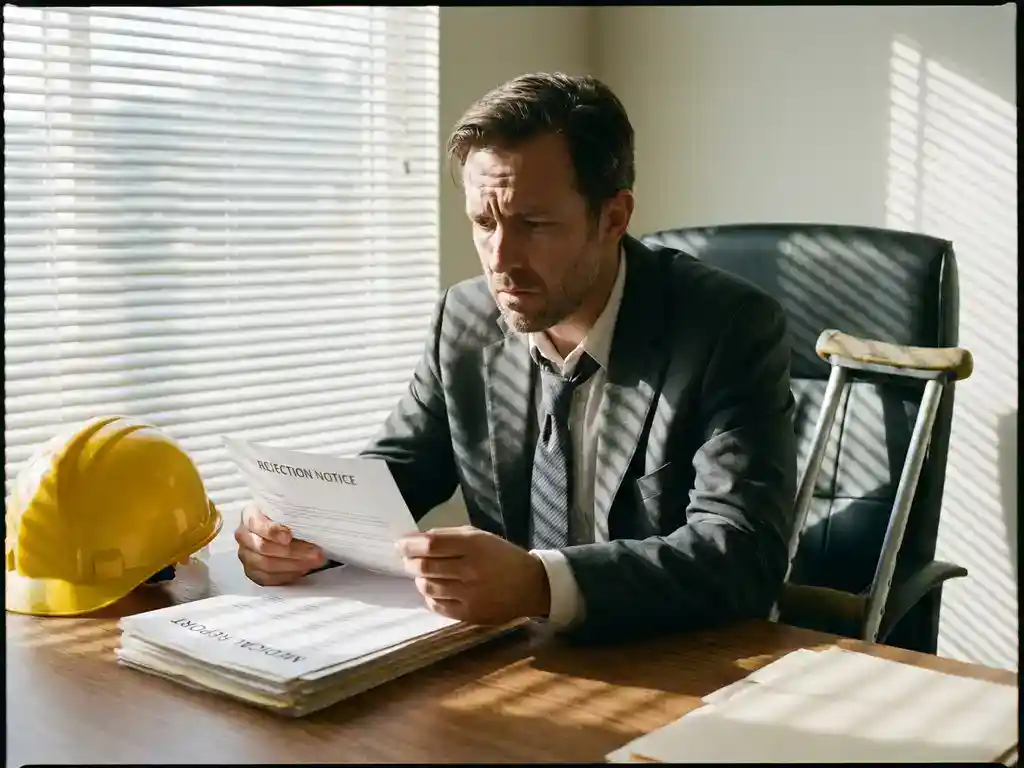 Bezorgde kantoormedewerker in pak houdt afwijzingsbrief vast, met kruk en medische documenten op bureau