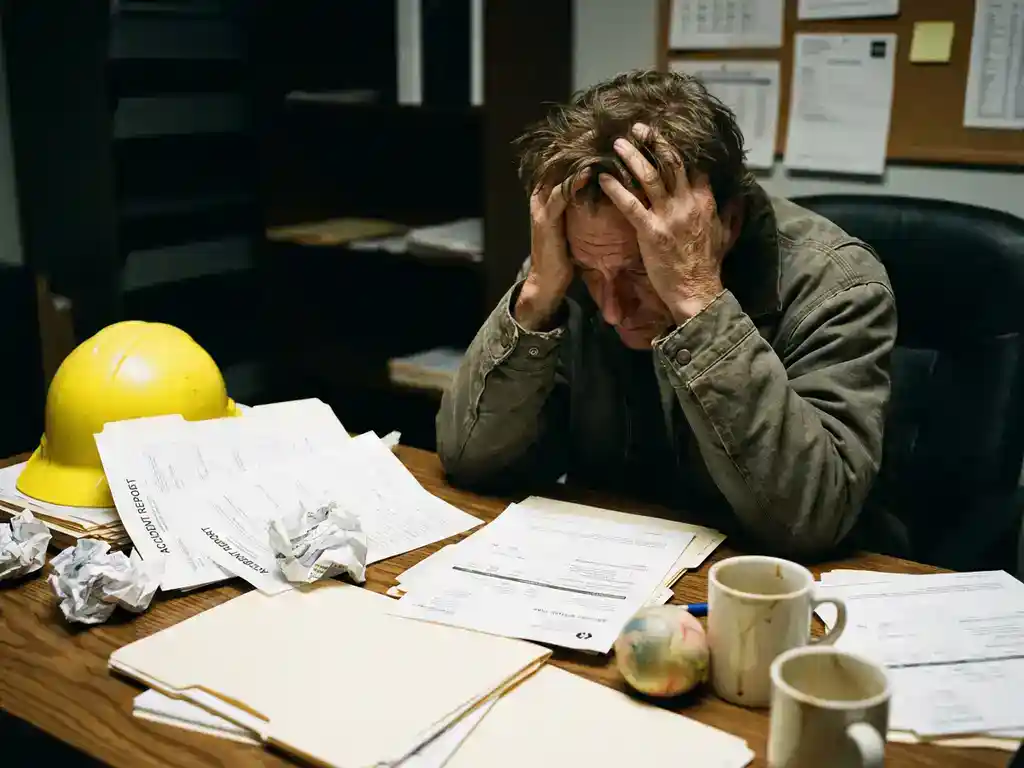 Uitgeputte kantoormedewerker met hoofd in handen aan bureau vol ongevallenrapporten en medische documenten, gele helm zichtbaar
