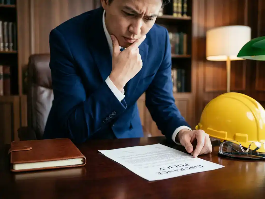 Zakelijke professional in marineblauw pak bestudeert verzekeringsformulieren aan bureau met gele helm en veiligheidsbril