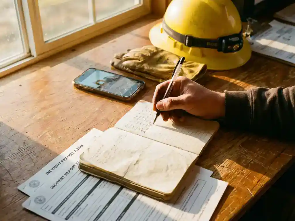 Hand schrijft gedetailleerde notities in notitieboek op houten bureau met veiligheidshelm en incidentformulieren
