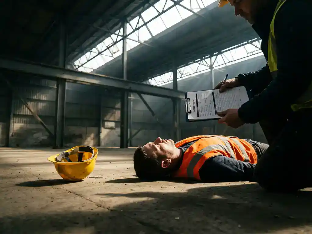 Bouwvakker na werkongeval op grond, collega helpt met incidentformulier in industriële hal met veiligheidshelm