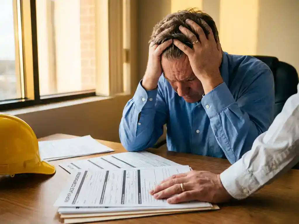 Kantoormedewerker met hoofd in handen toont stress, incident rapporten en helm op bureau, HR vertegenwoordiger biedt steun