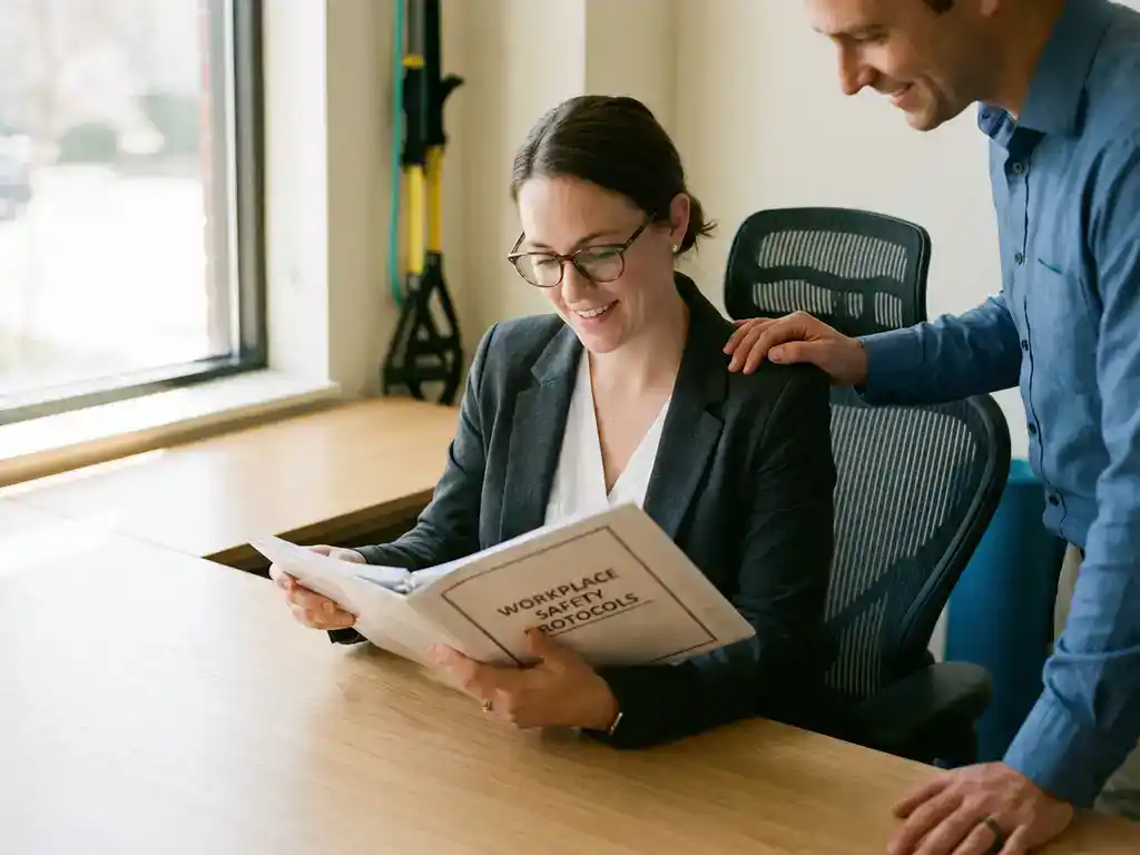 Kantoormedewerker bekijkt veiligheidsdocumenten terwijl collega ondersteunend hand op schouder legt in moderne werkruimte