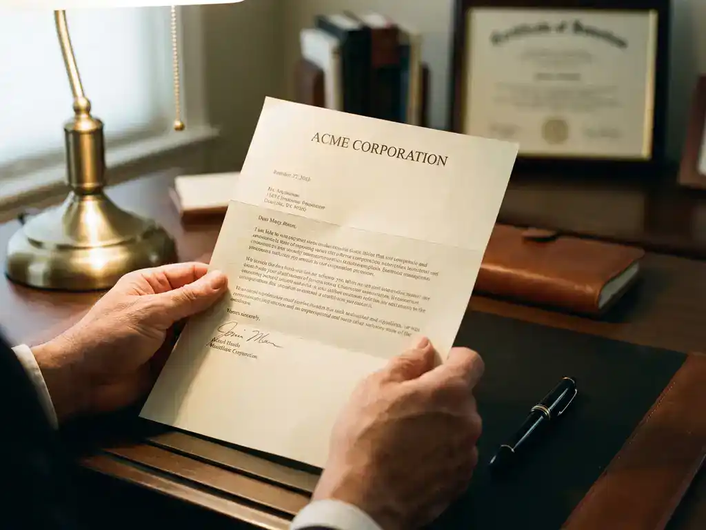 Professionele handen houden zakelijke brief op wit briefpapier met vulpen op bureau onder warme lampverlichting