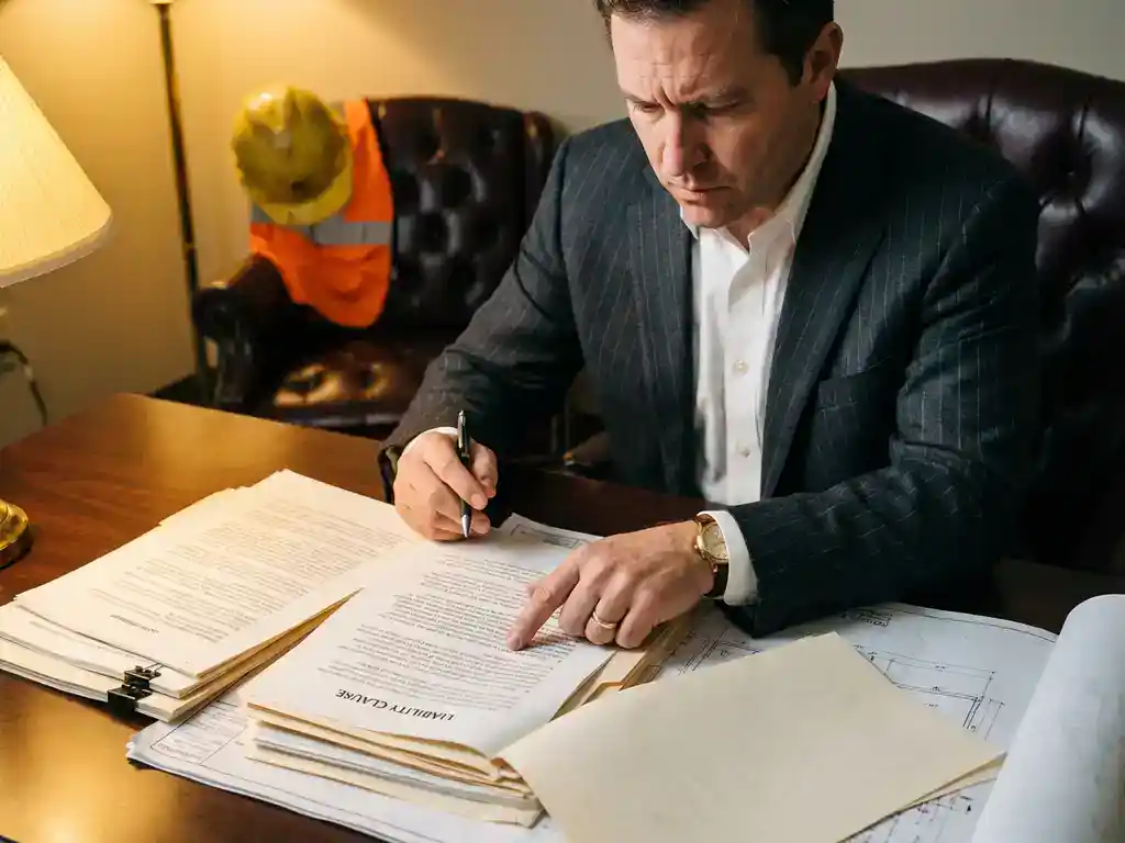 Zakenman in pak bestudeert juridische documenten aan mahoniehout bureau, wijst naar contractclausules met pen in hand