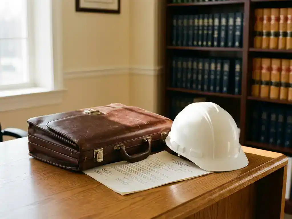 Versleten leren aktetas en bouwhelm op houten bureau naast een open juridisch document, met wetsboeken op de achtergrond.