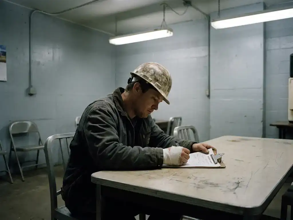 Bouwvakker met helm en verbonden pols vult een incidentrapportformulier in aan een industriële tafel onder tl-verlichting.