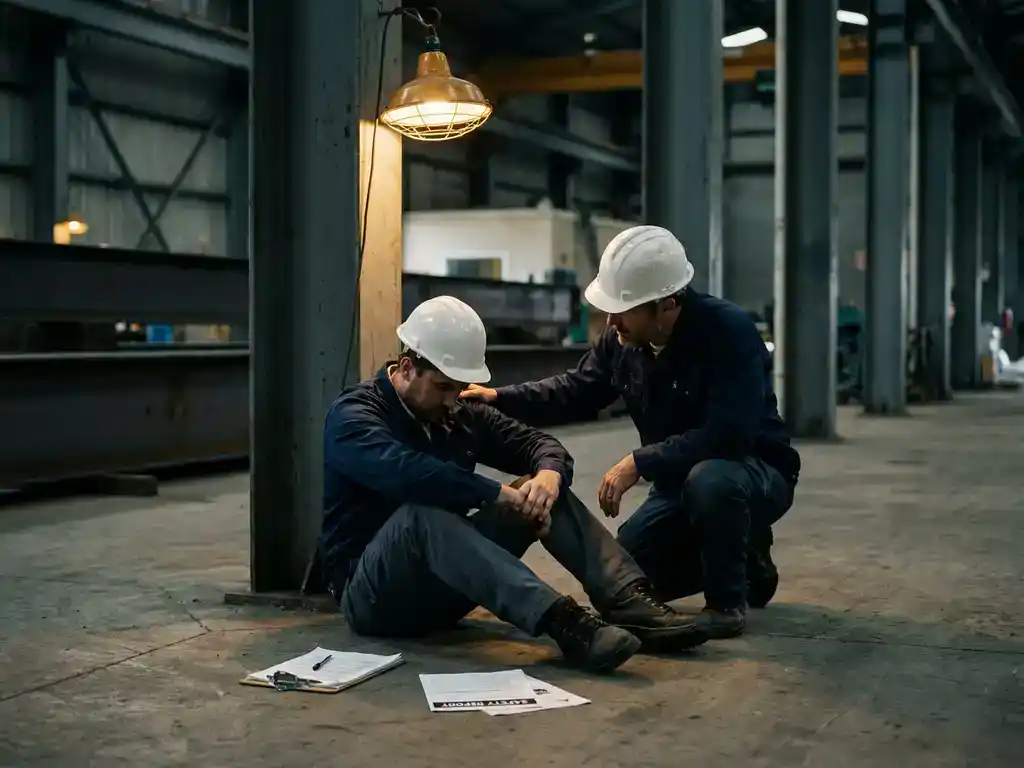 Gewonde fabrieksmedewerker met helm op de vloer, geholpen door collega naast gevallen klembord met veiligheidsrapport.