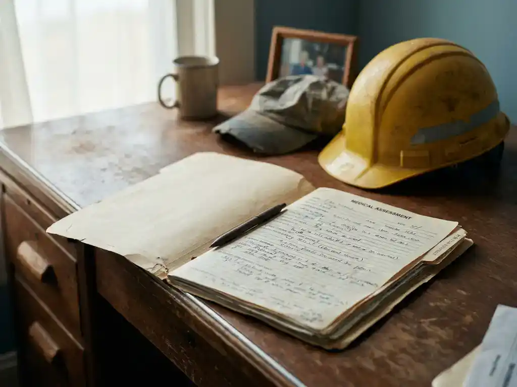 Opengeslagen medisch beoordelingsformulier met pen op een houten bureau, bouwhelm op de achtergrond na arbeidsongeval.