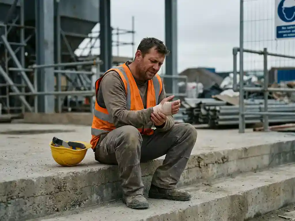 Bouwvakker in oranje veiligheidsvest houdt geblesseerde pols vast op bouwplaats, helm naast hem op beton.