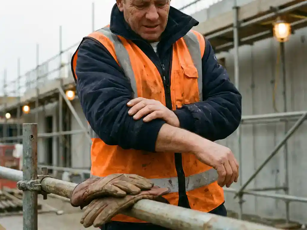Bouwvakker in oranje veiligheidsvest houdt geblesseerde pols vast op bouwplaats, steigers op de achtergrond.