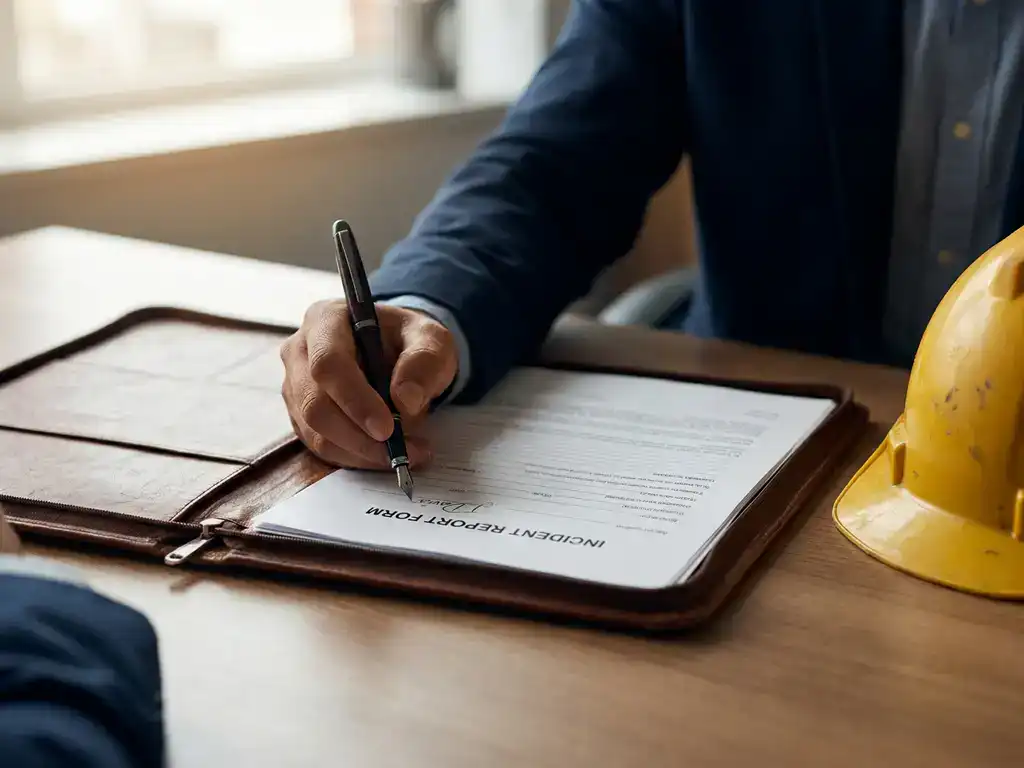 Versleten leren juridische map op kantoorbureau met ondertekend incidentrapport en vulpen, gele bouwhelm op de achtergrond.