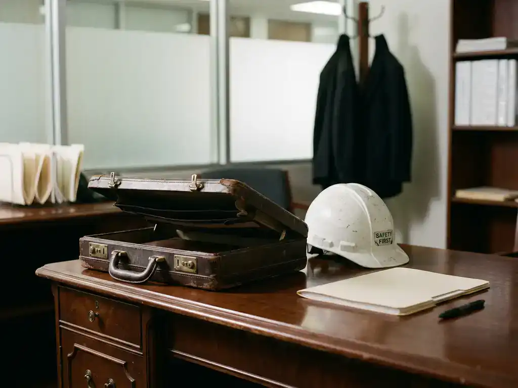 Opengeslagen leren aktetas op eikenhouten bureau met witte bouwhelm, gesloten manila map en pen in gedempt kantoorlicht.