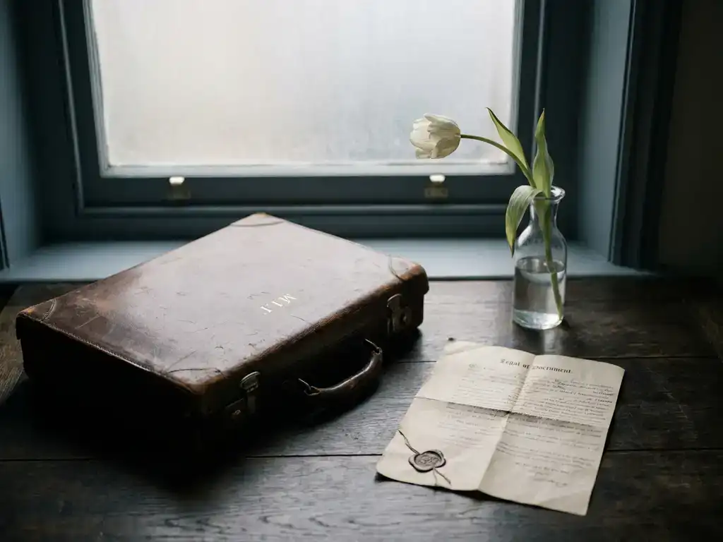 Versleten leren aktetas en gevouwen juridisch document op donkere eikentafel, naast een witte tulp in zacht natuurlijk licht.