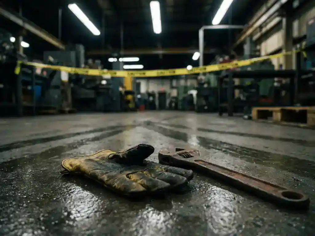 Versleten leren veiligheidshandschoen op natte industriële vloer naast gevallen gereedschap, met waarschuwingstape op de achtergrond.