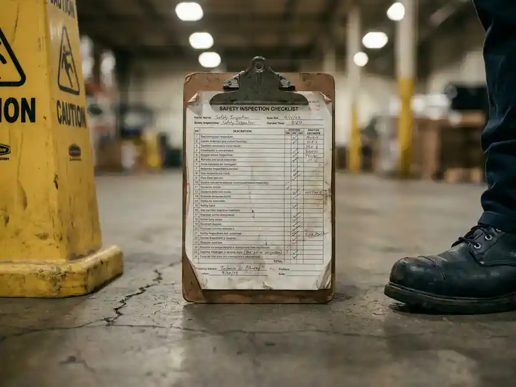 Versleten veiligheidsinspectie klembord met checklist op industriële betonvloer, gele waarschuwingskegel en stalen neus werkschoen op de achtergrond.