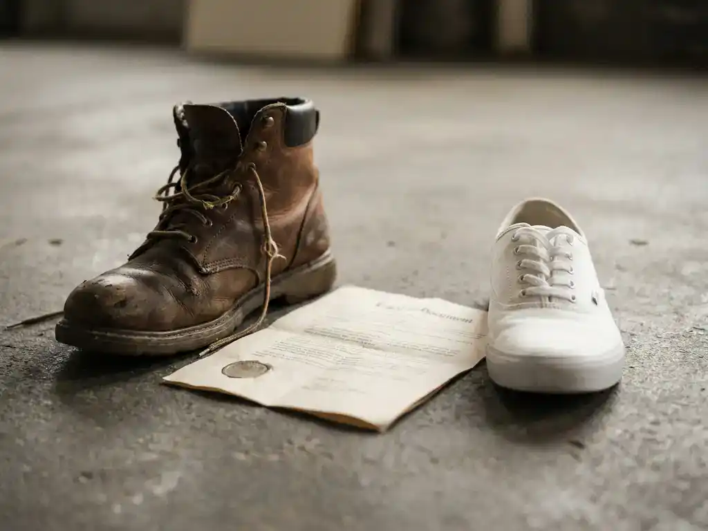 Versleten leren werklaars naast witte sneaker op beton, met een gevouwen juridisch document ertussen.