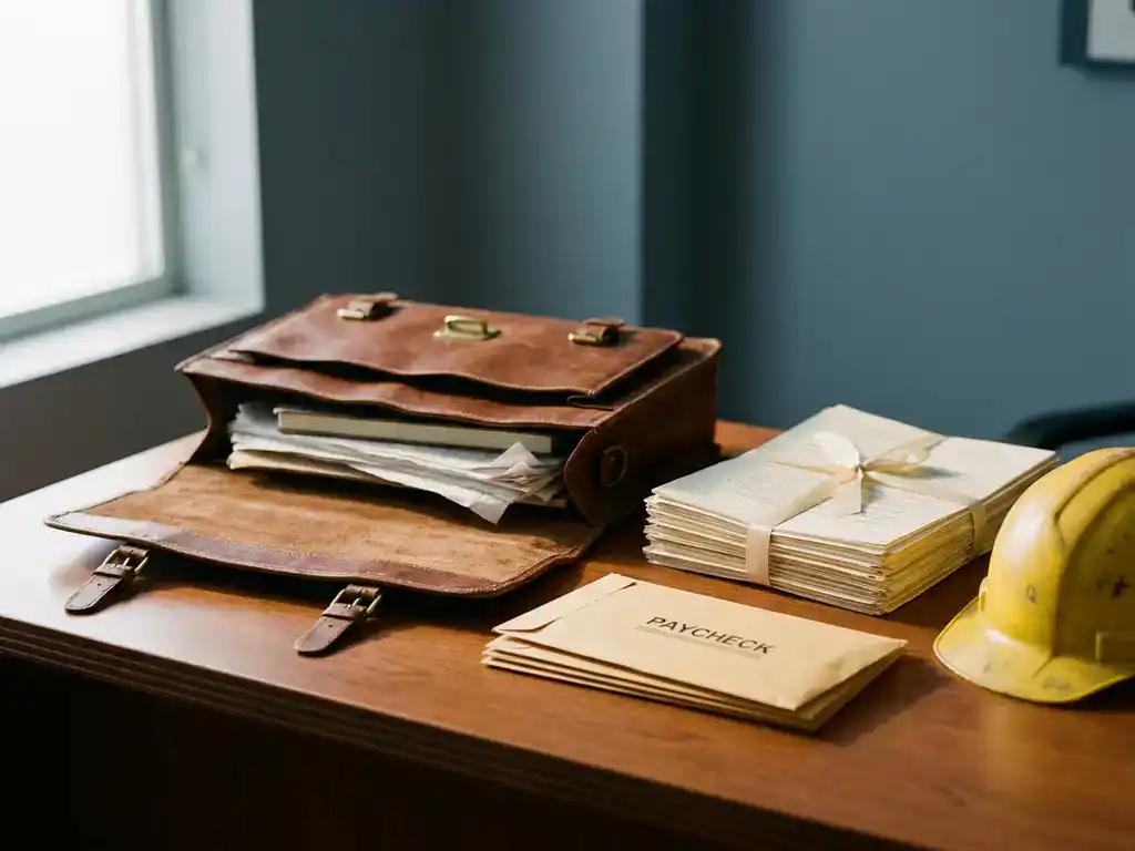 Open leren aktetas op bureau naast gestapelde juridische documenten, loonstrook en minihelm, symbolisch voor letselschade op het werk.