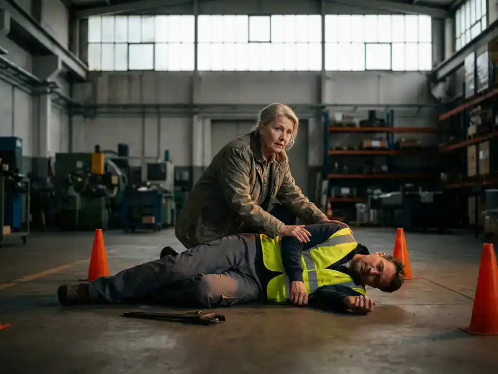 Mantelzorger knielt naast gewonde werknemer op industriële fabrieksloer, omringd door veiligheidskegels en gevallen gereedschap.