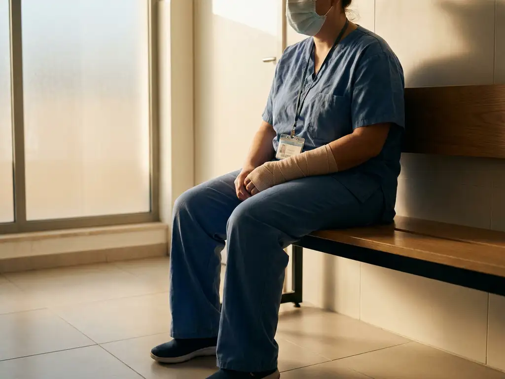 Zorgverlener in blauwe scrubs op een ziekenhuisbank, geblesseerde pols omklemmend, werkbadge op schoot, uitgeput en onzeker.