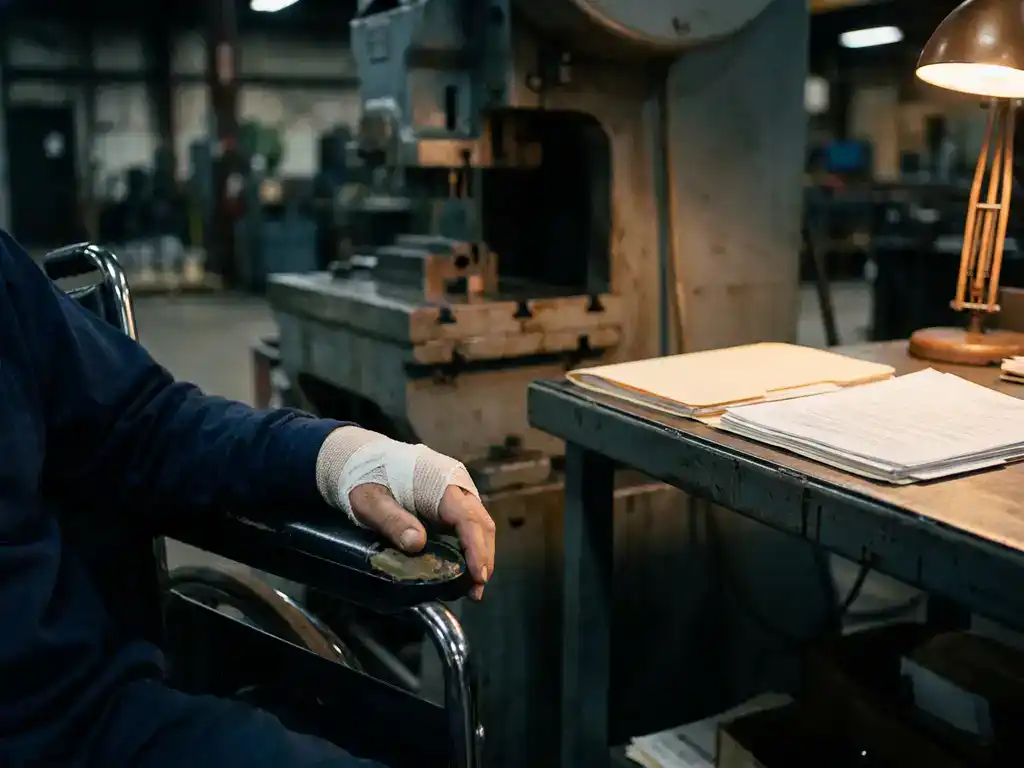 Gebandageerde hand van arbeider op rolstoelarmsteun naast industriële machine, met juridische documenten en medische map op stalen werkbank.
