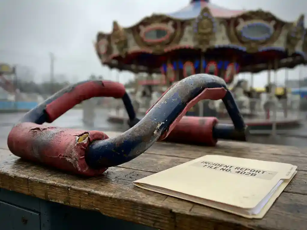 Beschadigde veiligheidsbeugel van achtbaan op onderhoudstafel, met juridische map en wazige carrousel op de achtergrond.