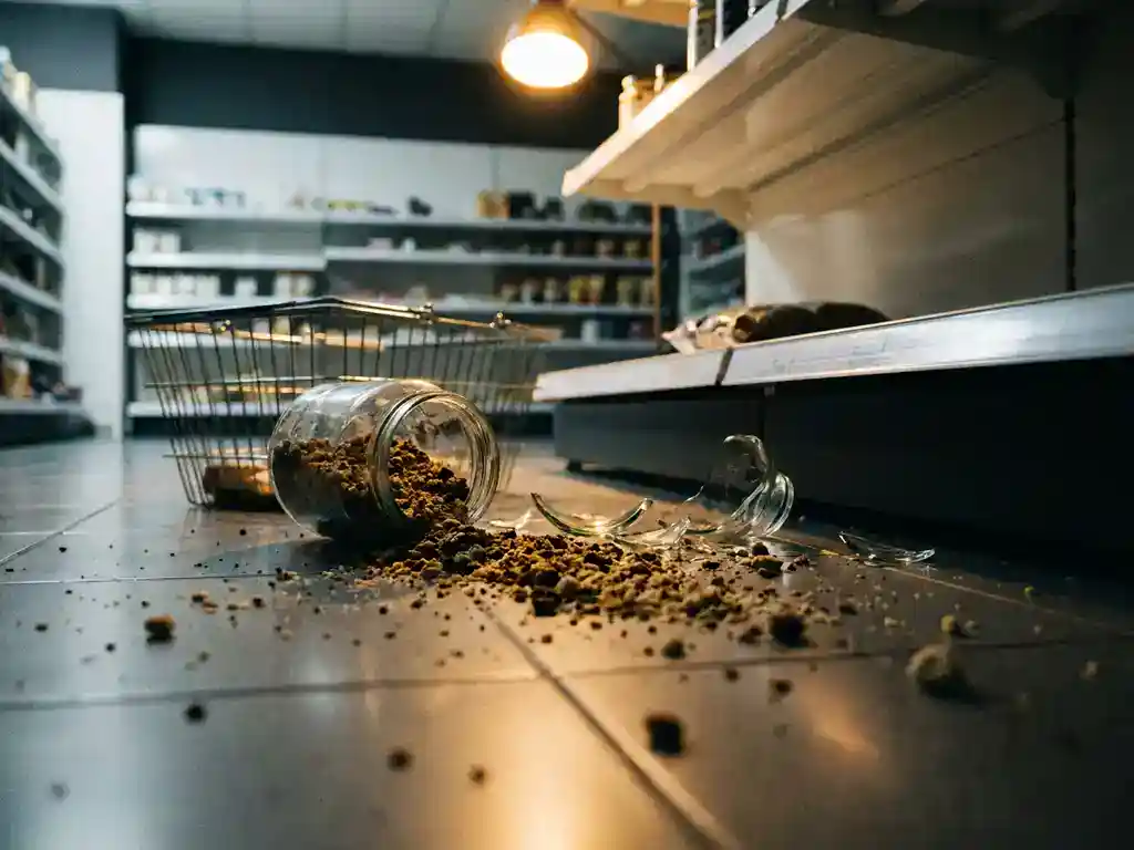 Gebroken glazen pot op winkeltegelvoer naast een boodschappenmand, omringd door verspreide productscherven onder warme winkelverlichting.