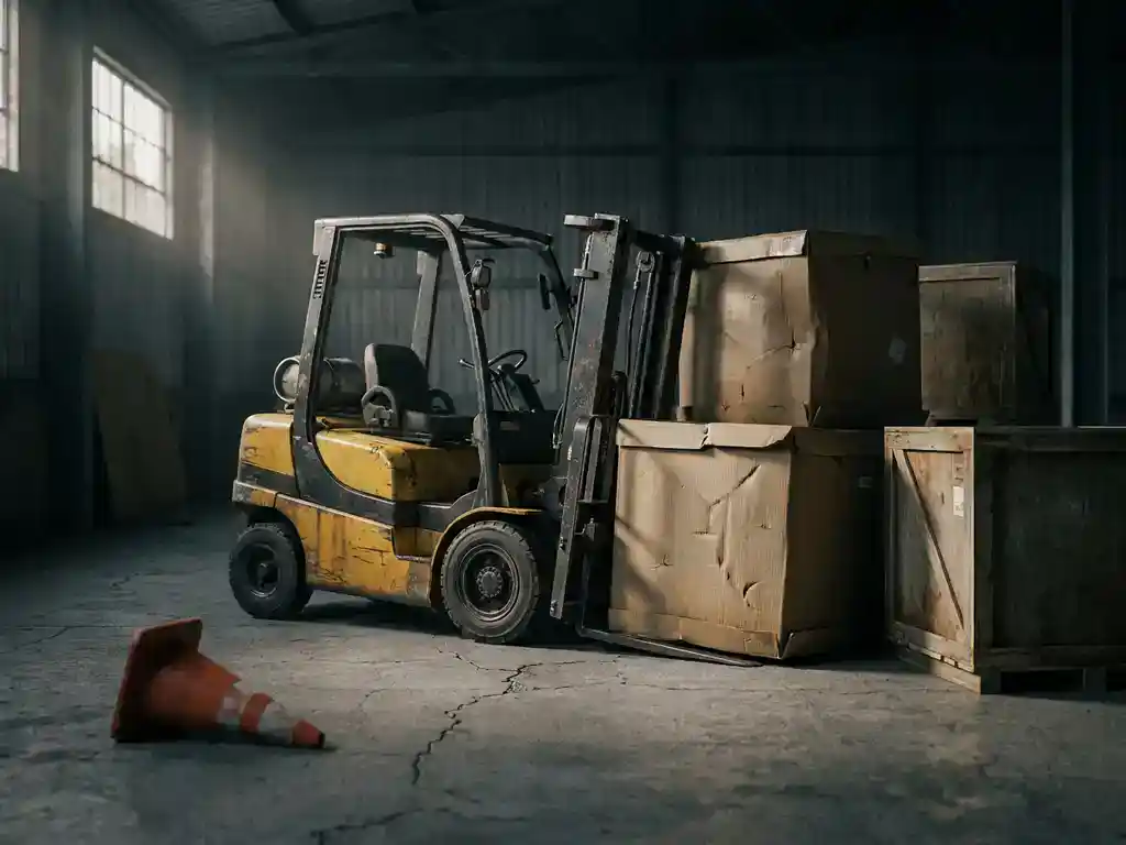 Beschadigde heftruck op zijn kant in een donker magazijn, met omgevallen veiligheidskegel en verspreid liggende dozen op betonnen vloer.