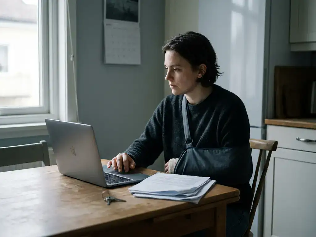 Persoon met arm in mitella aan keukentafel, starend naar dichtgeklapte laptop naast medische documenten en huissleutel.