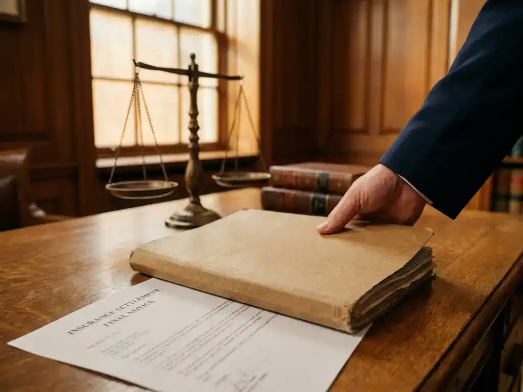 Advocatenhand legt dossier op eikenhouten bureau naast verzekeringsbrief, met weegschaal op achtergrond in warm amberkleurig licht.