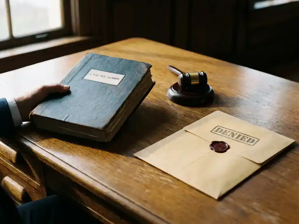 Dikke juridische dossiermap op eikenhouten bureau tegenover verzegelde ontkennende envelop, met kleine houten hamer in warm zijlicht.