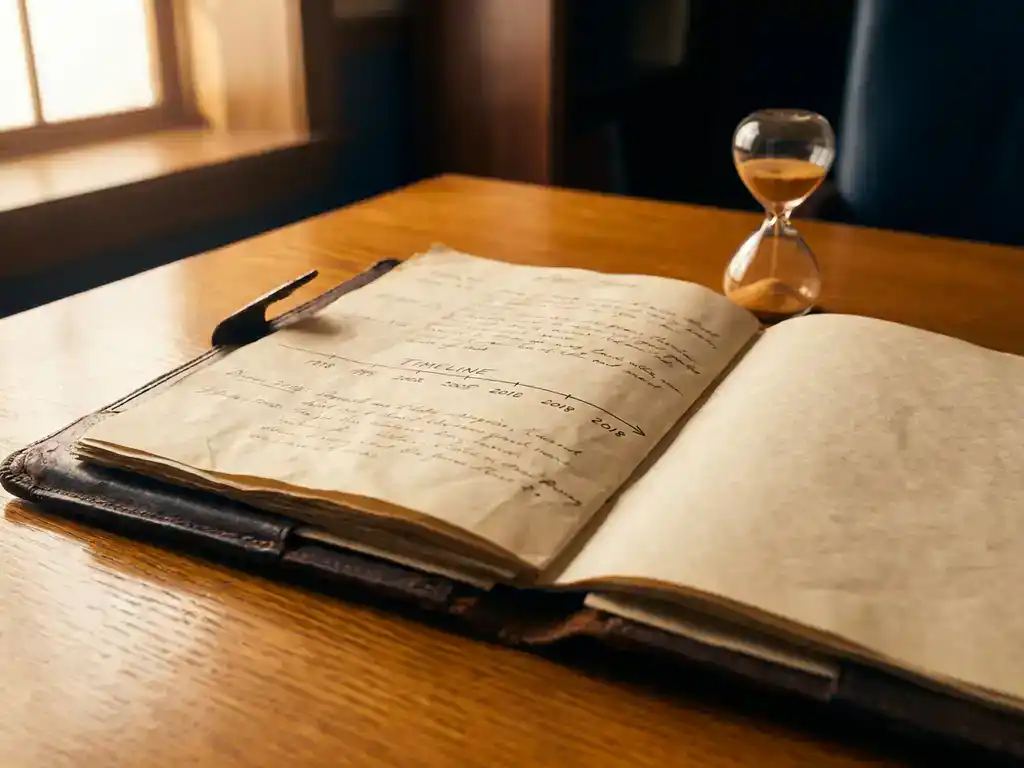 Versleten leren juridische map op eikenhouten bureau met handgeschreven tijdlijn, zandloper ernaast, warm amberkleurig raamlicht.