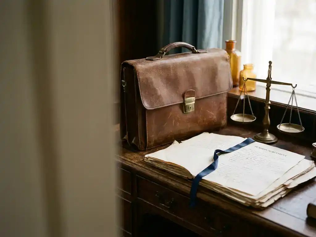 Geopend pensioendocument op verweerd houten bureau naast leren aktentas en bronzen weegschaal, zacht natuurlijk raamlicht.