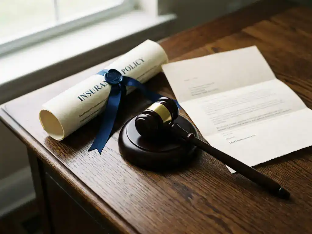 Rechtershamertje tussen verzekeringspolisdocument en juridische compensatiebrief op donker eikenhouten bureau.