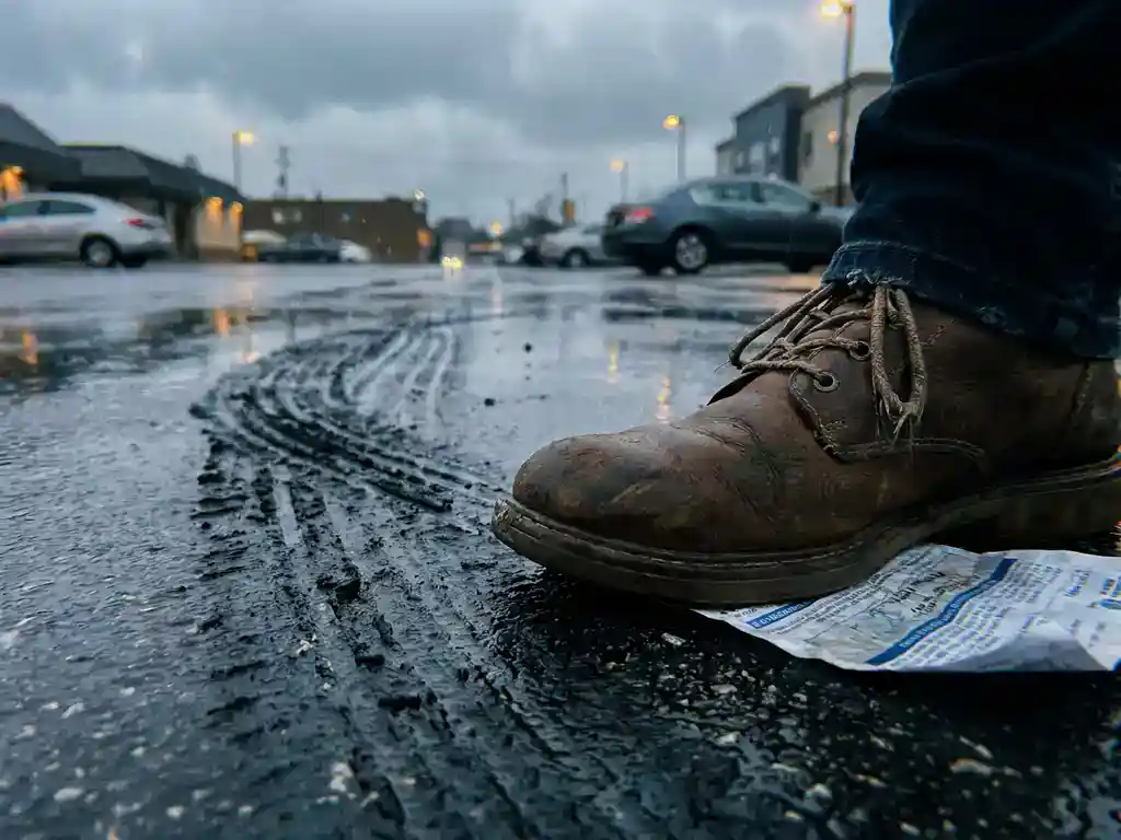 Versleten leren schoen naast bandensporen op nat asfalt, met een verkreukeld verzekeringsdocument eronder zichtbaar.