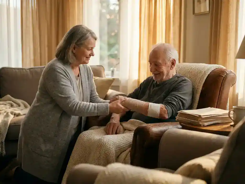 Familielid ondersteunt gewonde oudere persoon in woonkamer met juridische documenten op bijzettafel, warm middaglicht.
